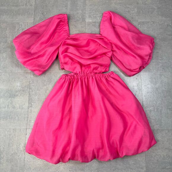 A New Day Hot Pink Puff Short Sleeve Cut Out Bubble A-Line Dress Womens Size XS - Picture 7 of 11